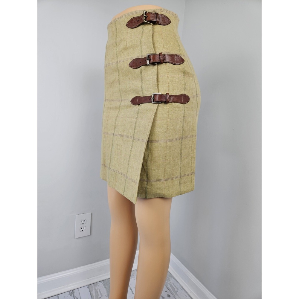 Anne Klein Collection Linen Plaid Buckle Wrap Skirt Green Tan 4 USA Made
